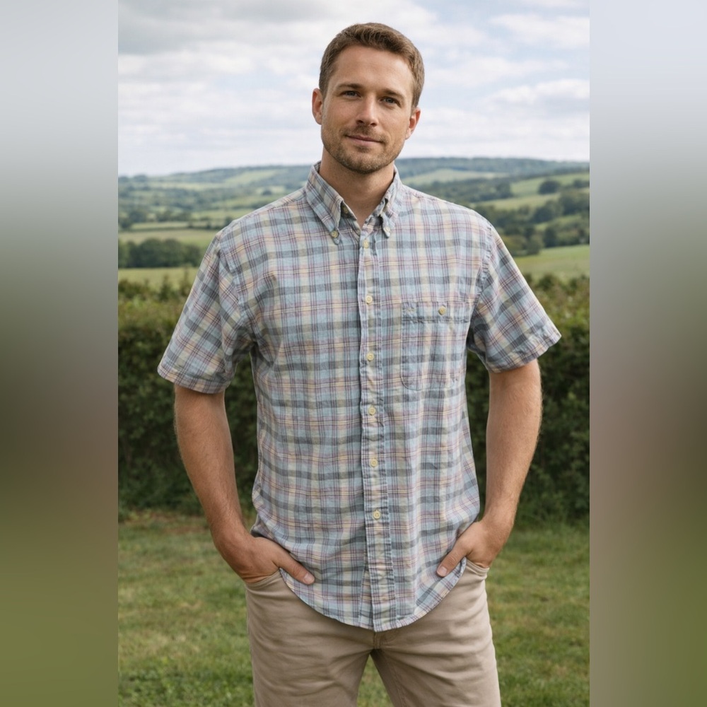 Pendleton Oceanside Short Sleeve Shirt 100%‎ Cotton Plaid Lavender Blue Beige